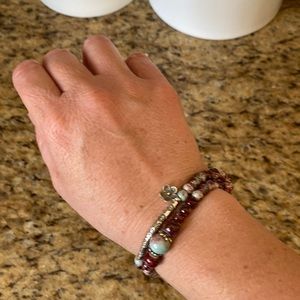 Elastic Burgundy and Faux Turquoise Bracelet with Silver Flower Bead Accents